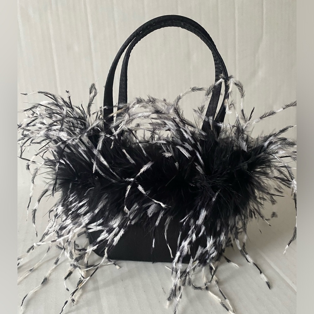 Feather-Trim Mini Tote Bag in Black - Elegant Evening Mini Bag